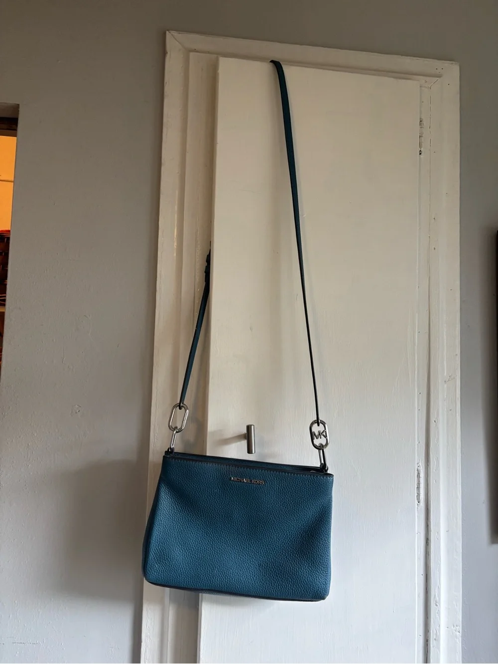Michael Kors Blue Pebbled Leather Crossbody Bag with Silver Hardware